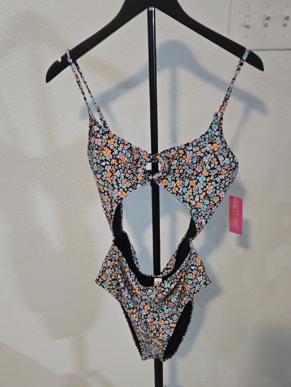 Floral Cutout One-Piece Swimsuit in Black with Pastel Flowers